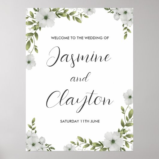 Elegante Witte Bloemen Welkom Trouwbord Poster (Voorkant)