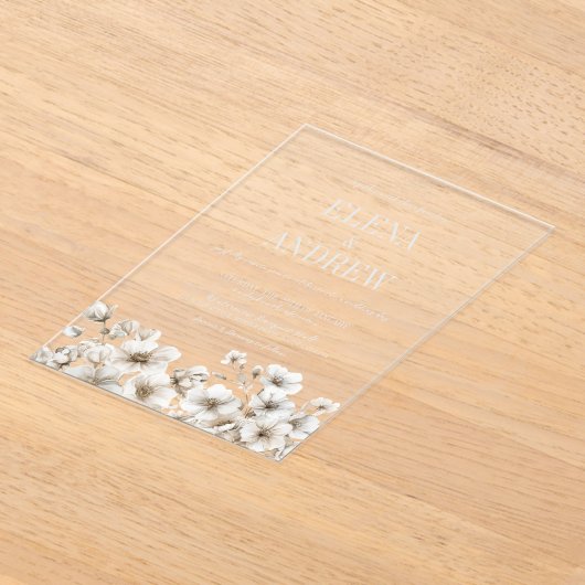 Elegante witte bloemen winterbruiloft acryl uitnodigingen (Laagn)