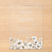 Elegante witte bloemen winterbruiloft acryl uitnodigingen (Voorkant)