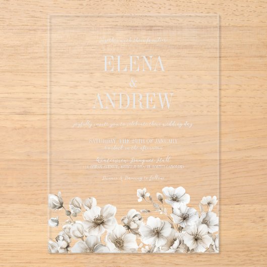 Elegante witte bloemen winterbruiloft acryl uitnodigingen (Voorkant)