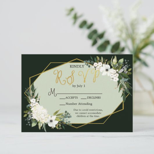 Elegante Witte Bloemen Zwart & Goud Geometrisch RSVP Kaartje (Staand voorkant)