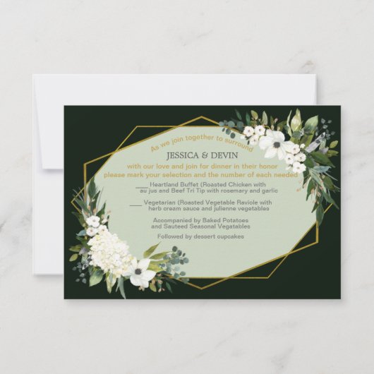 Elegante Witte Bloemen Zwart & Goud Geometrisch RSVP Kaartje (Achterkant)