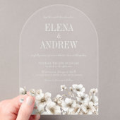 Elegante witte bloemenboog bruiloft acryl uitnodigingen