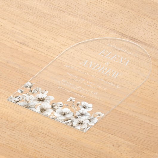Elegante witte bloemenboog bruiloft acryl uitnodigingen (Laagn)