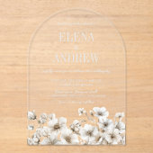 Elegante witte bloemenboog bruiloft acryl uitnodigingen (Voorkant)