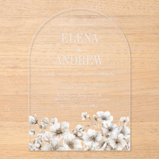 Elegante witte bloemenboog bruiloft acryl uitnodigingen (Voorkant)