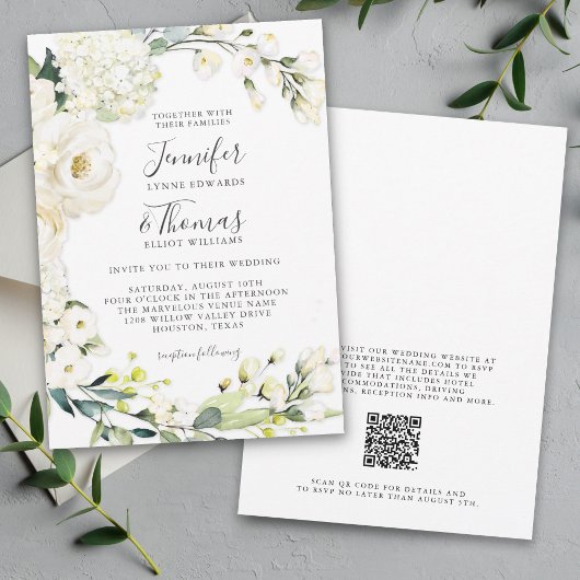 Elegante witte bloemenbruiloft met QR-code Kaart