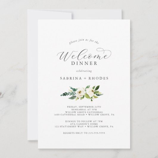 Elegante witte bloemenbruiloft welkomstdiner kaart (Voorkant)