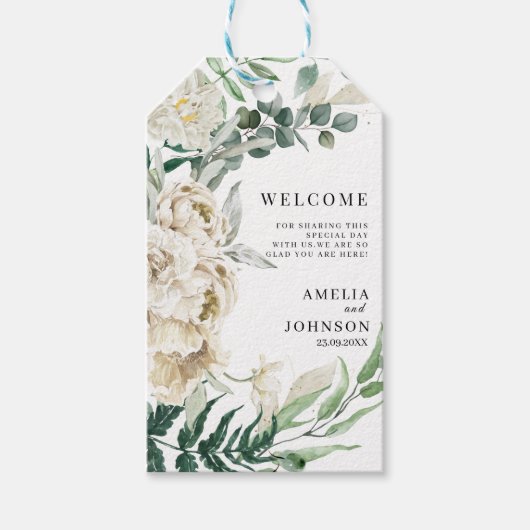 Elegante witte bloemenbruiloft welkomstgunst cadeaulabel (Voorkant)