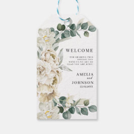 Elegante witte bloemenbruiloft welkomstgunst cadeaulabel