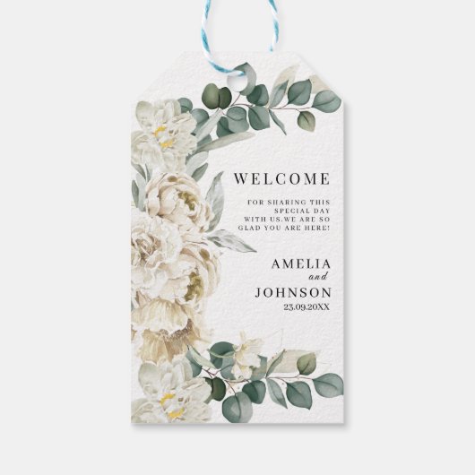 Elegante witte bloemenbruiloft welkomstgunst cadeaulabel (Achterkant)
