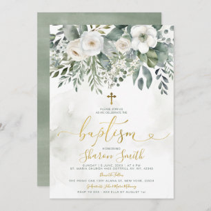 Elegante witte bloemeneucalyptus doop gouden kruis kaart