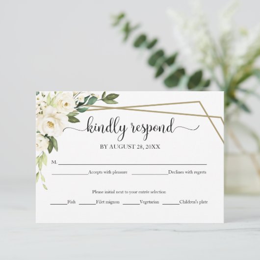Elegante witte bloemengeometrische bruiloft RSVP-K RSVP Kaartje (Staand voorkant)