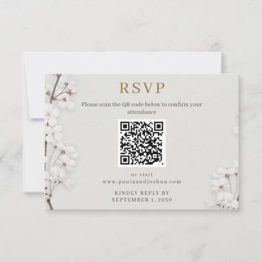 Elegante witte bloemengoud QR-code trouw-RSVP RSVP Kaartje (Voorkant)