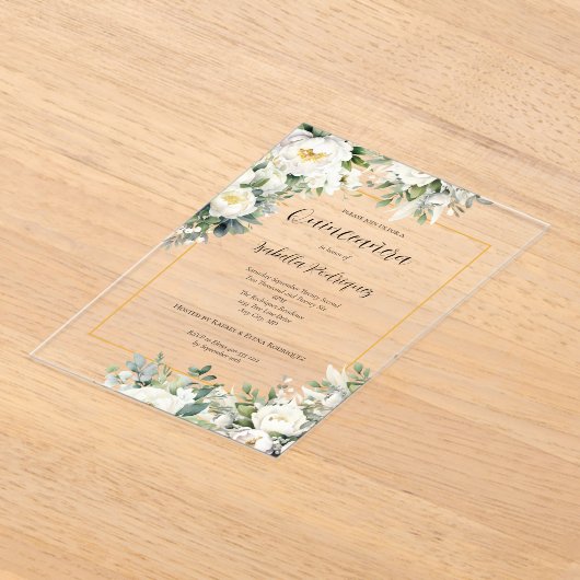 Elegante witte bloemengouden rand Quinceañera Acryl Uitnodigingen (Laagn)