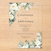 Elegante witte bloemengouden rand Quinceañera Acryl Uitnodigingen (Voorkant)