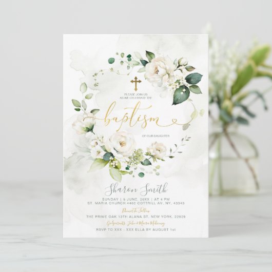 Elegante witte bloemengroen doopdoop kaart (Staand voorkant)