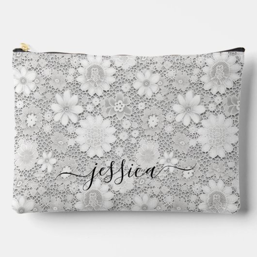 Elegante witte bloemenkant patroon scriptnaam etui (Voorkant)