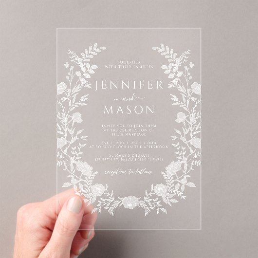 Elegante witte bloemenkrans Boheemse bruiloft Acryl Uitnodigingen (Insitu (Draagbaar))