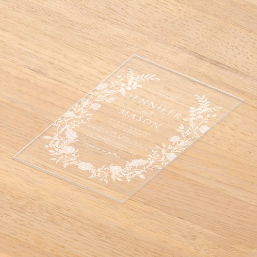 Elegante witte bloemenkrans Boheemse bruiloft Acryl Uitnodigingen (Laagn)