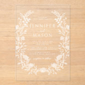 Elegante witte bloemenkrans Boheemse bruiloft Acryl Uitnodigingen (Voorkant)