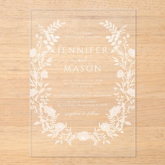 Elegante witte bloemenkrans Boheemse bruiloft Acryl Uitnodigingen (Voorkant)