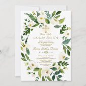 Elegante witte bloemenkrans kruis heilige communie kaart (Voorkant)
