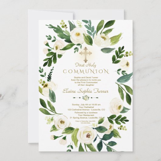 Elegante witte bloemenkrans kruis heilige communie kaart (Voorkant)