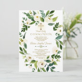 Elegante witte bloemenkrans kruis heilige communie kaart (Staand voorkant)