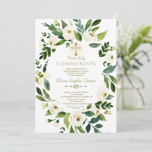 Elegante witte bloemenkrans kruis heilige communie kaart (Staand voorkant)