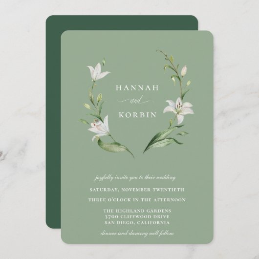 Elegante witte bloemenkrans Sage Groene bruiloft Kaart (Voorkant / Achterkant)
