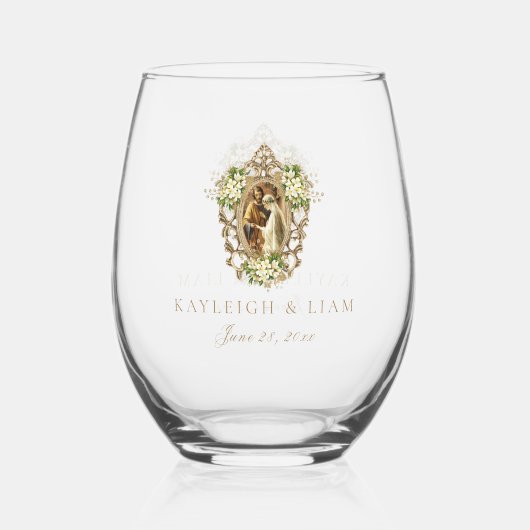 Elegante witte bloemenmaagd Maria katholieke bruil Wijnglas Zonder Voet (Achterkant)