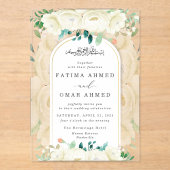 Elegante witte bloementuin islamitische moslim bru acryl uitnodigingen (Voorkant)