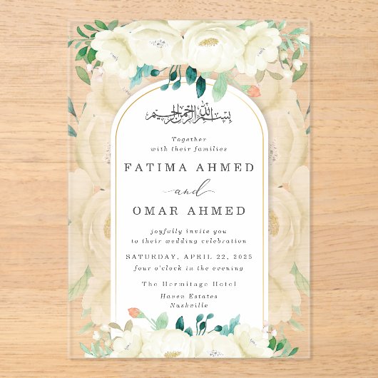 Elegante witte bloementuin islamitische moslim bru acryl uitnodigingen (Voorkant)