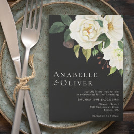 Elegante witte bloemenzwarte bruiloft uitnodiging