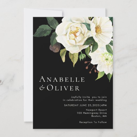 Elegante witte bloemenzwarte bruiloft uitnodiging (Voorkant)