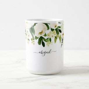 Elegante Witte Bloemige Aangepaste Naam Koffiemok