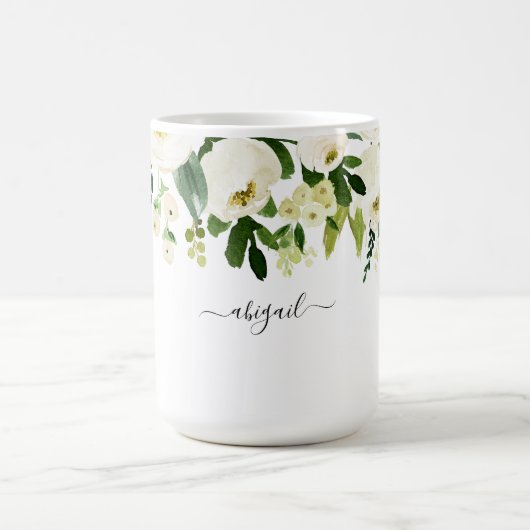 Elegante Witte Bloemige Aangepaste Naam Koffiemok (Center)