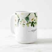 Elegante Witte Bloemige Aangepaste Naam Koffiemok (Voorkant links)