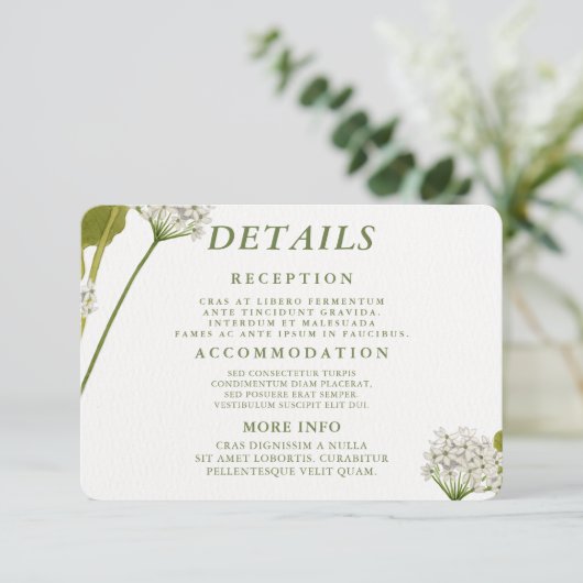 Elegante Witte Bloemige Botanische Bruiloft Informatiekaartje (Staand voorkant)