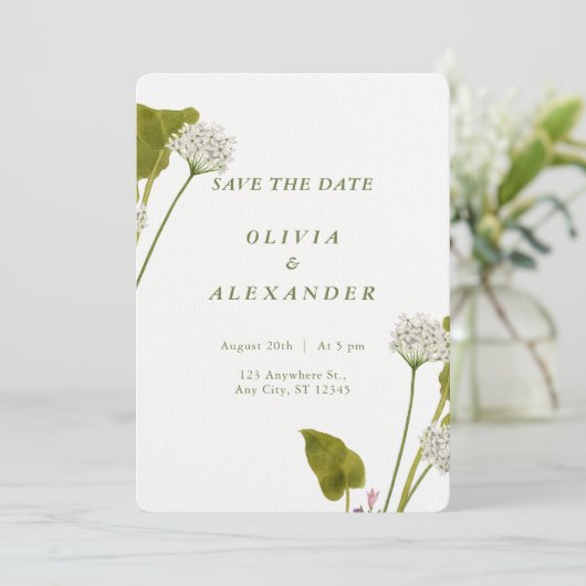 Elegante Witte Bloemige Botanische Bruiloft Save The Date (Staand voorkant)