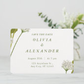 Elegante Witte Bloemige Botanische Bruiloft Save The Date (Staand voorkant)