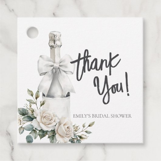 Elegante witte bloemige brunch en bubbels bedankjes labels (Voorkant)