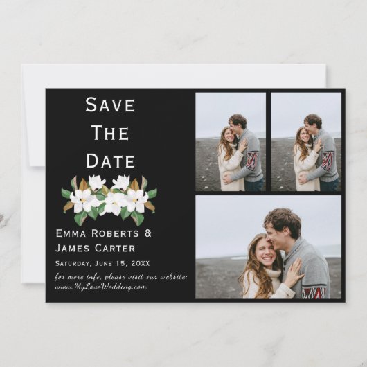 Elegante witte bloemige foto save the date (Voorkant)