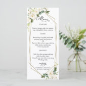 Elegante witte bloemige geometrische trouwmenu kaa menu (Staand voorkant)