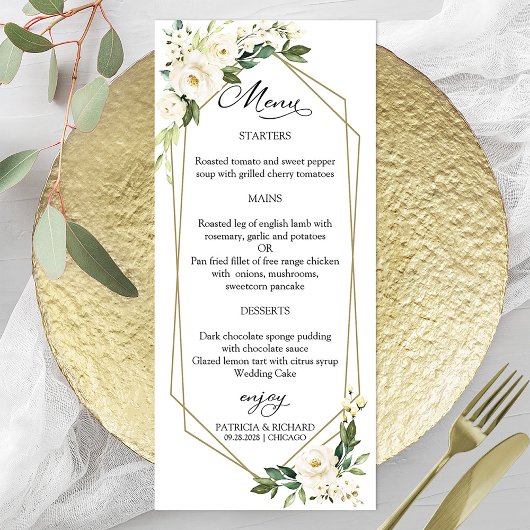 Elegante witte bloemige geometrische trouwmenu kaa menu