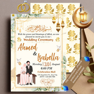 Elegante Witte Bloemige Gouden Islamitische Huweli Kaart