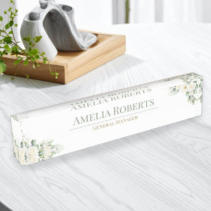 Elegante witte bloemige groene aangepaste kantoor naambordje