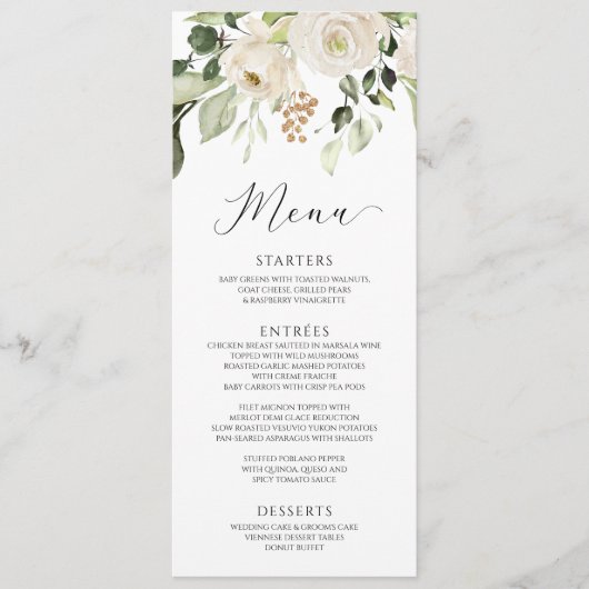 Elegante witte bloemige groene bladgroen bruiloft menu (Voorkant)