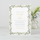 Elegante witte bloemige groene bruiloft kaart (Staand voorkant)